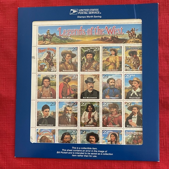 USPS #2870 1994 29c Legends Of The West Stamp Sheet (Bill Pickett Error) - Picture 4 of 5
